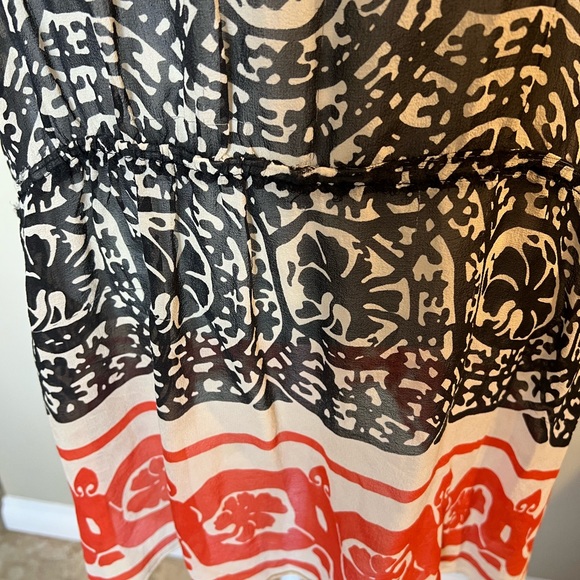 ANNA SUI Black Red Sheer Silk Border Print Lace Up Dress w Flounce. Size XS - Picture 5 of 10